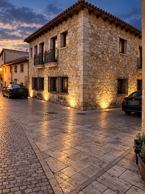 Iluminación en la base de un edificio de piedra, visible desde dos calles.