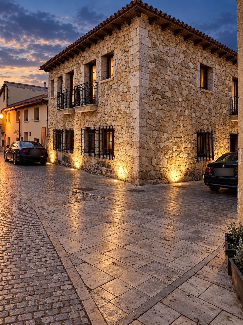 Iluminación en la base de un edificio de piedra, visible desde dos calles.
