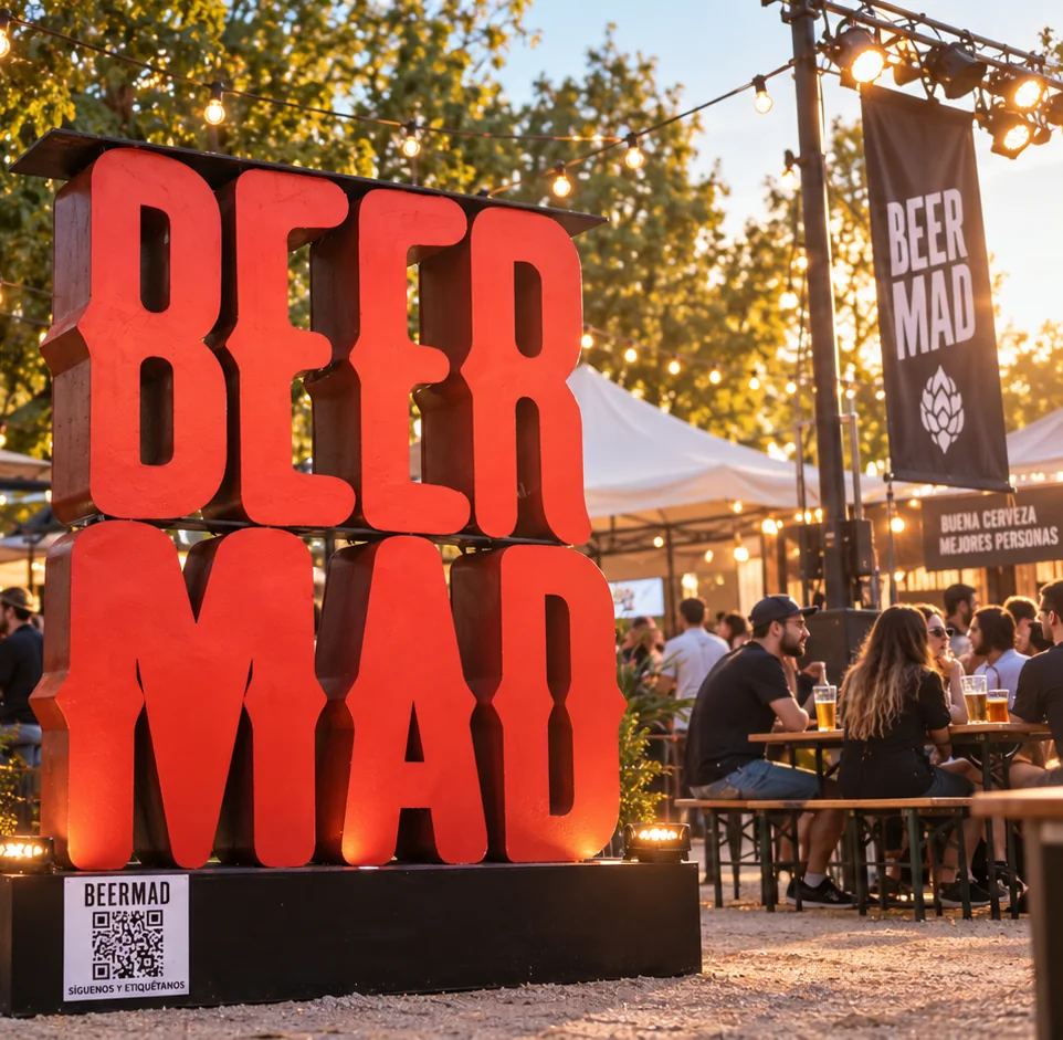 Letras rojas de Beer Mad en un ambiente de festival.