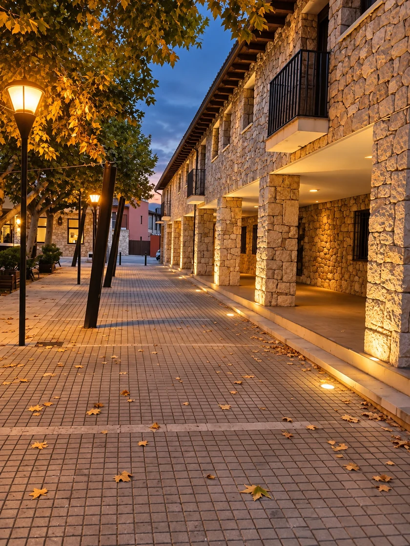 Perspectiva peatonal de la sucesión de pilares iluminados y luminarias empotradas.